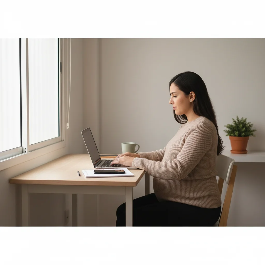 Mulher grávida trabalhando em casa com notebook, representando a realidade da MEI e o direito ao auxílio-maternidade