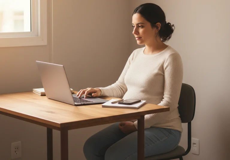 Mulher grávida em casa, representando a maternidade e o direito ao auxílio-maternidade para MEI