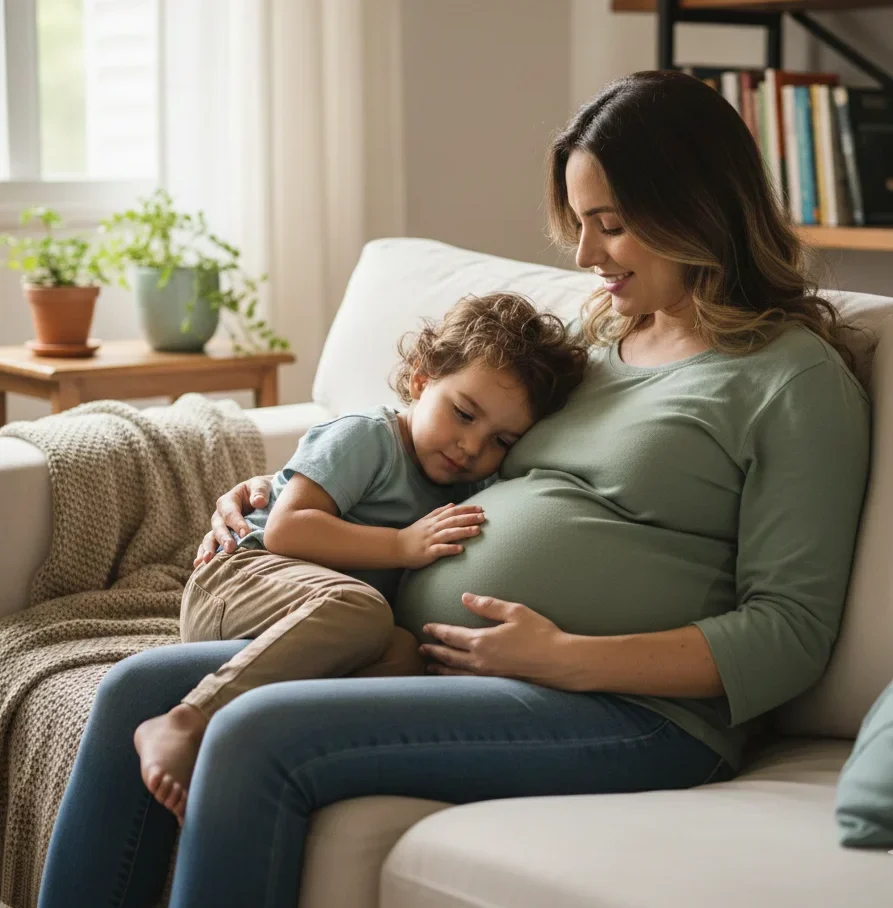 Mãe grávida segurando criança pequena no colo, representando quem tem direito ao auxílio-maternidade