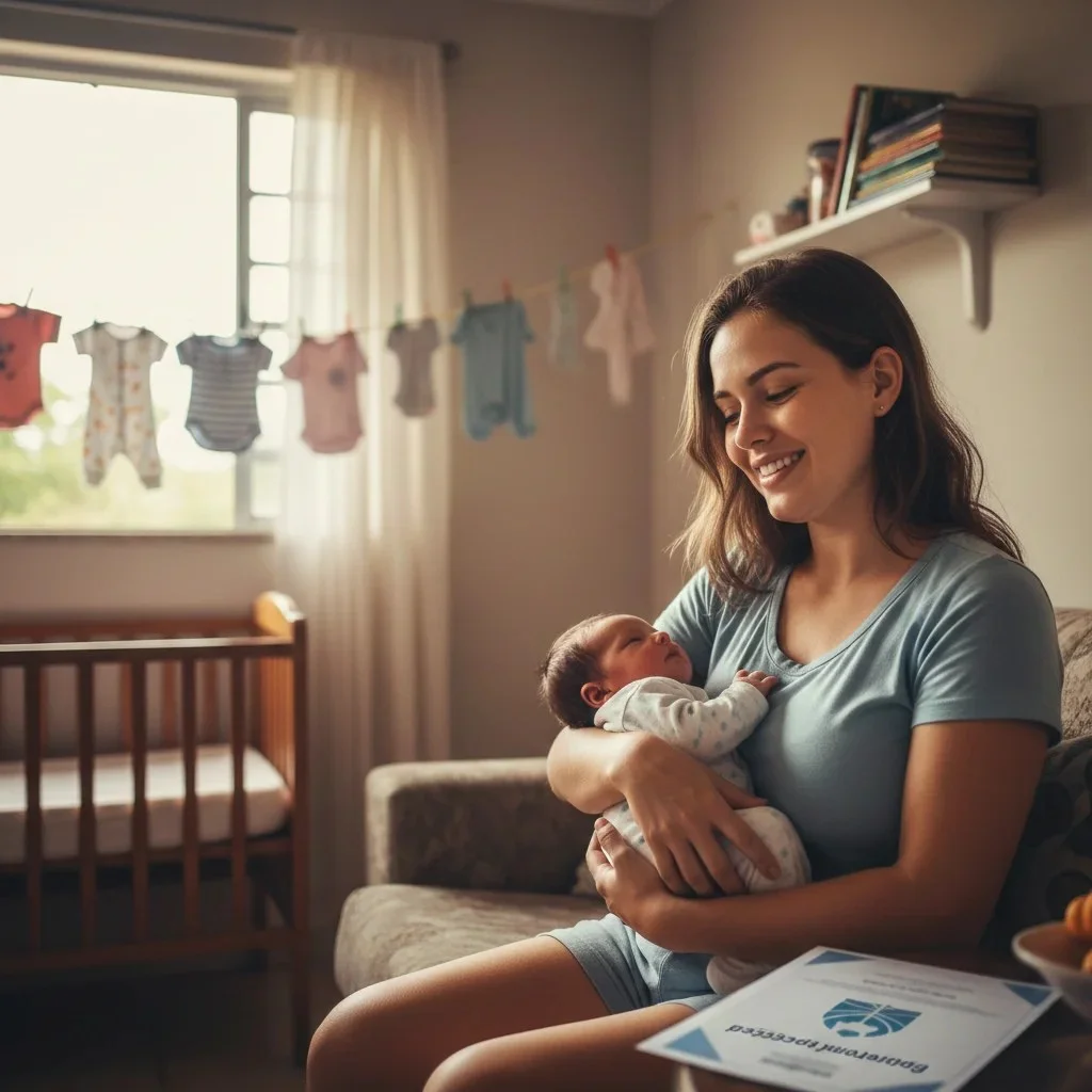 Mulher desempregada com bebê no colo representando direito ao auxílio-maternidade