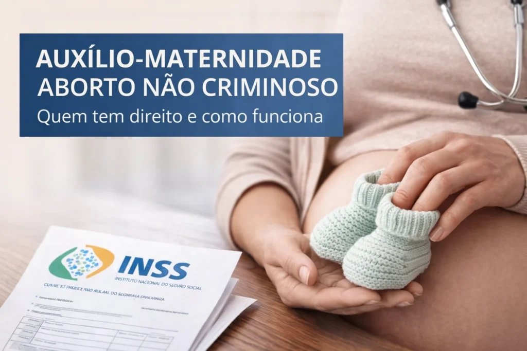 grávida com sapatinho sobre a barriga e um notebook mostrando o benefício do auxílio-maternidade