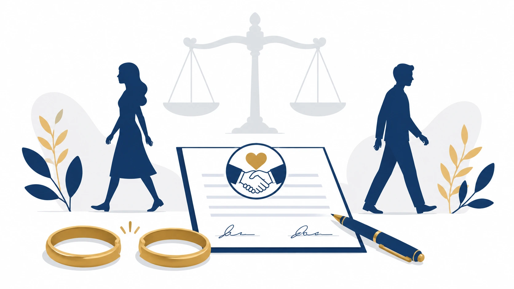 Ilustração sobre divórcio consensual no Brasil com alianças e documento de acordo
